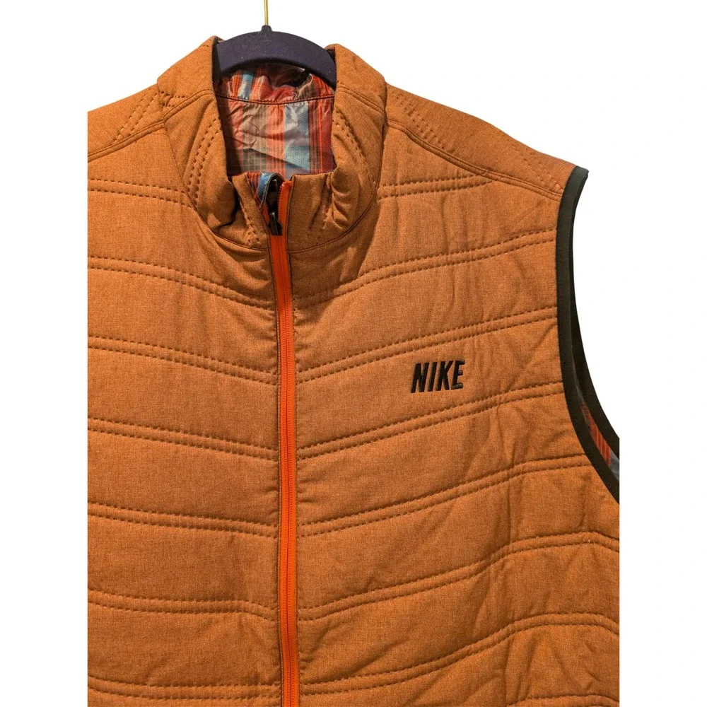 Nike Reversible Puffer Vest Mens Burnt Orange Quilted Plaid Full Zip‎ 0354